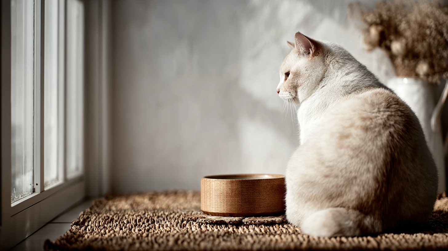 Chat blanc assis à côté d'une gamelle en bois vide sur un tapis texturé à la lumière naturelle.