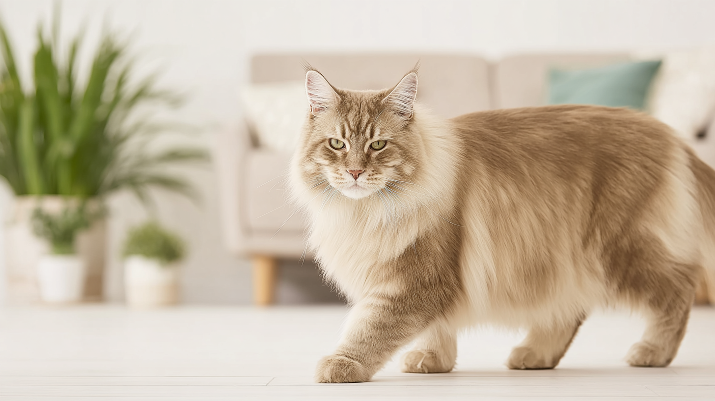 Fluffy Maine Coon cat walking in a bright living room with modern decor.