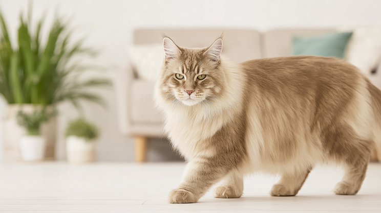 Fluffy Maine Coon cat walking in a bright living room with modern decor.