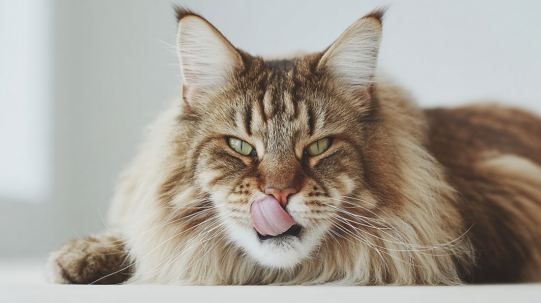 Flauschige Maine Coon-Katze, die sich mit herausgestreckter Zunge die Nase leckt und nach vorne schaut.