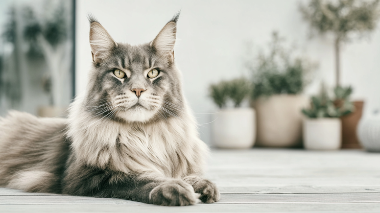 Maine Coon cat lounging indoors with potted plants in background
