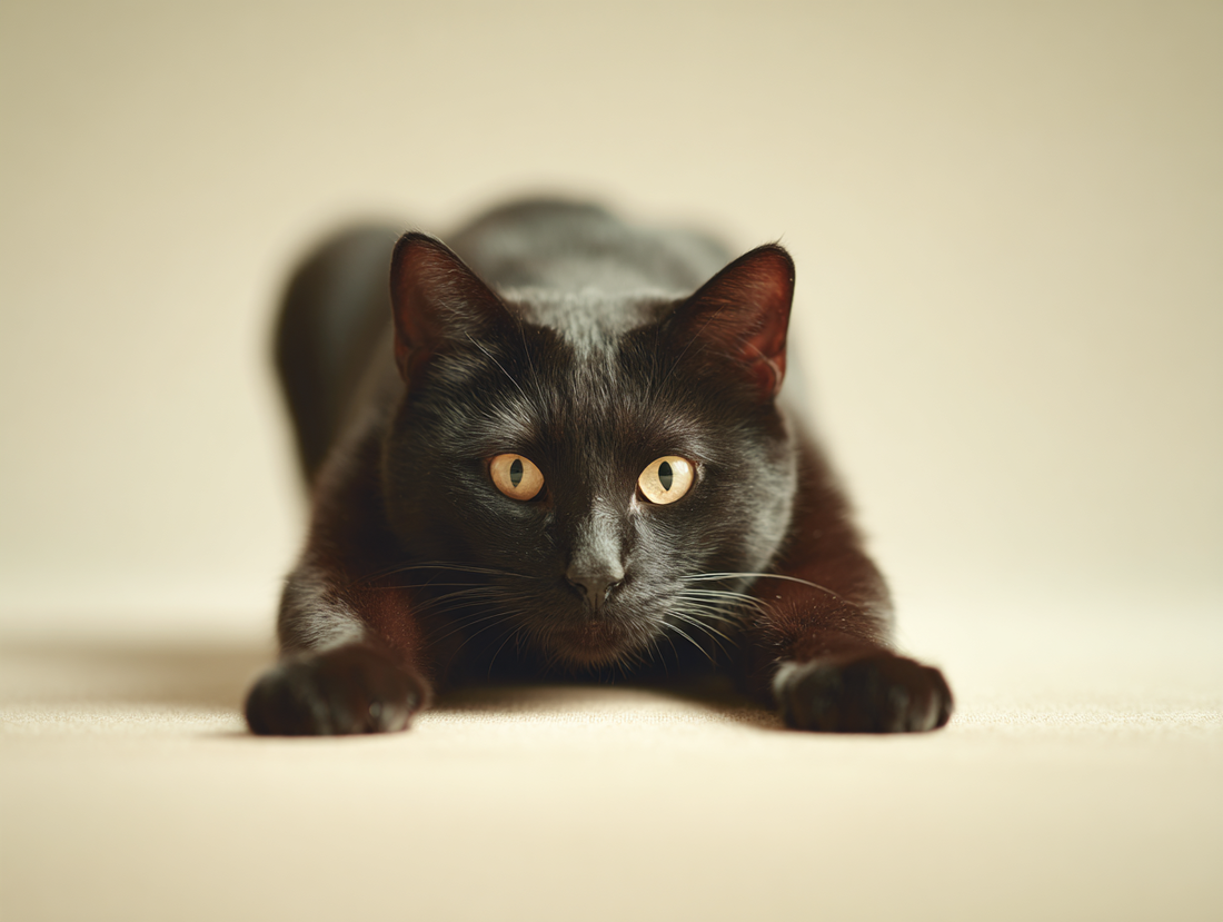 Black cat crouching with intense gaze on neutral background.