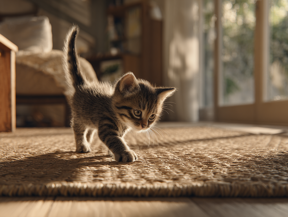 Playful tabby kitten walking on sunlit carpet in cozy living room