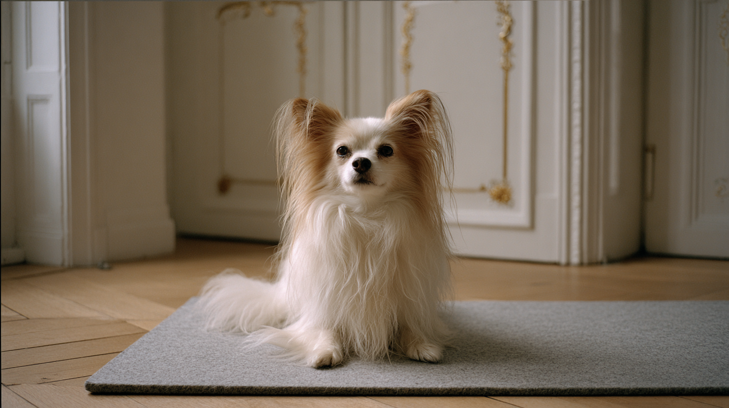 Chien Papillon à poil long assis sur un tapis dans une pièce élégante.