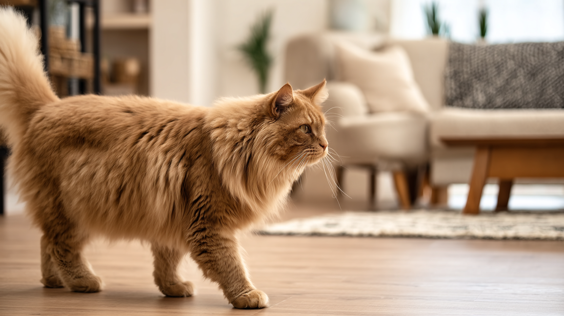 Chat roux à poil long marchant sur le parquet d'un salon confortable