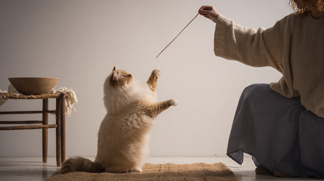 Fluffy cat standing on hind legs playing with a wand toy indoors.
