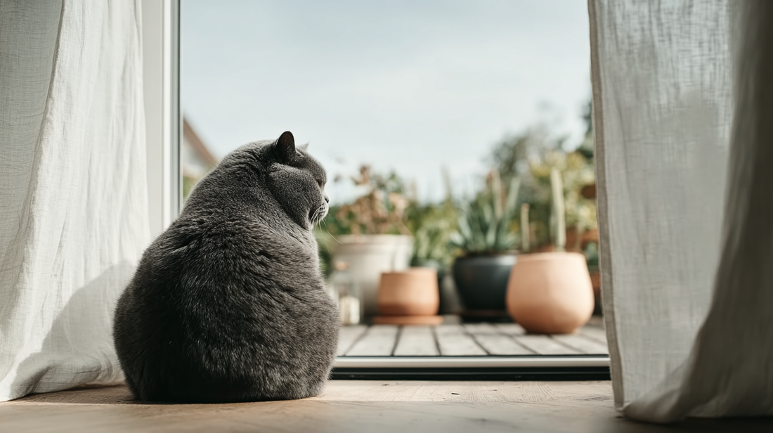 Chubby gray cat sitting indoors by a glass door, gazing outside at potted plants on a wooden patio in soft natural light.
