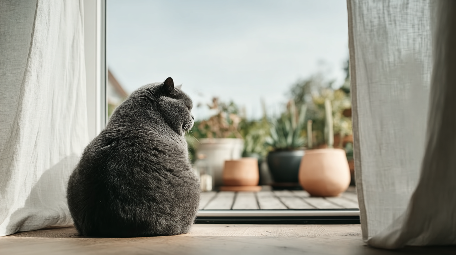 Chubby gray cat sitting indoors by a glass door, gazing outside at potted plants on a wooden patio in soft natural light.