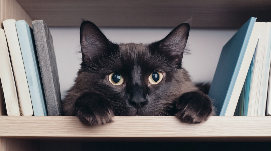 Black cat with yellow eyes peeking out from between books on a bookshelf, with front paws resting on the shelf edge.