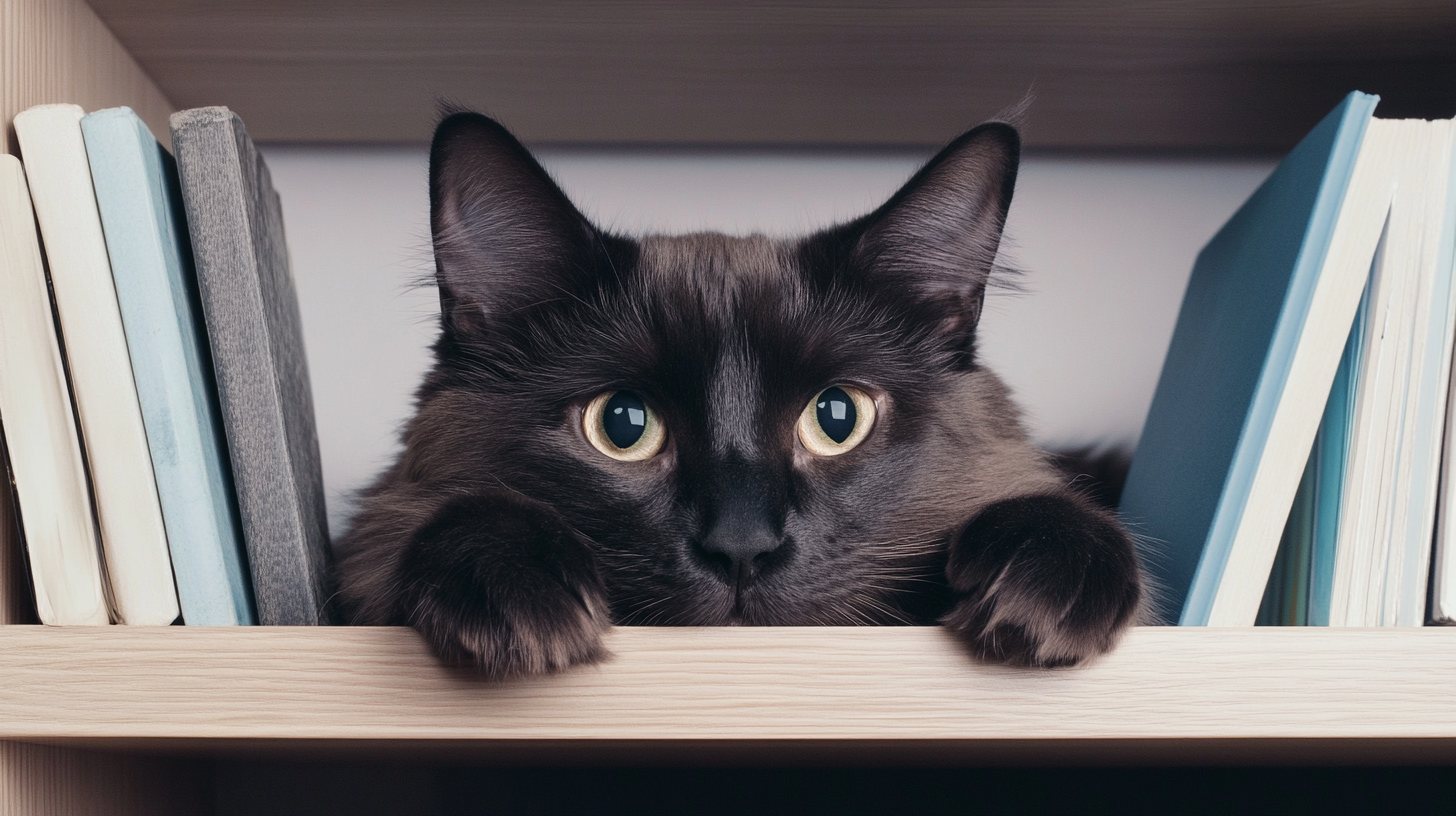 Black cat with yellow eyes peeking out from between books on a bookshelf, with front paws resting on the shelf edge.