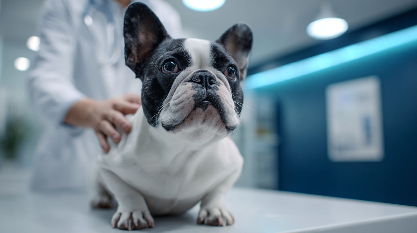 Französische Bulldogge in der Tierklinik während einer Untersuchung zur Behandlung von Angstzuständen, Teil der psychischen Gesundheitsversorgung für Hunde