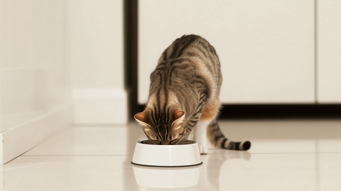 Gray tabby cat drinking from a white bowl with black interior on a white tiled floor. The cat is bending down with its face in the bowl.