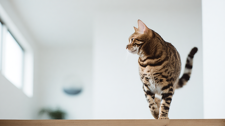 Bengal cat standing on wooden surface looking sideways in a bright modern room.