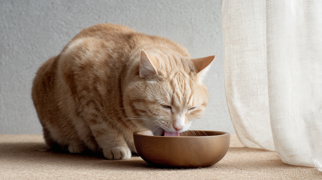 Orange getigerte Katze trinkt Wasser aus einer Keramikschüssel auf einem Teppichboden in der Nähe eines Fensters.