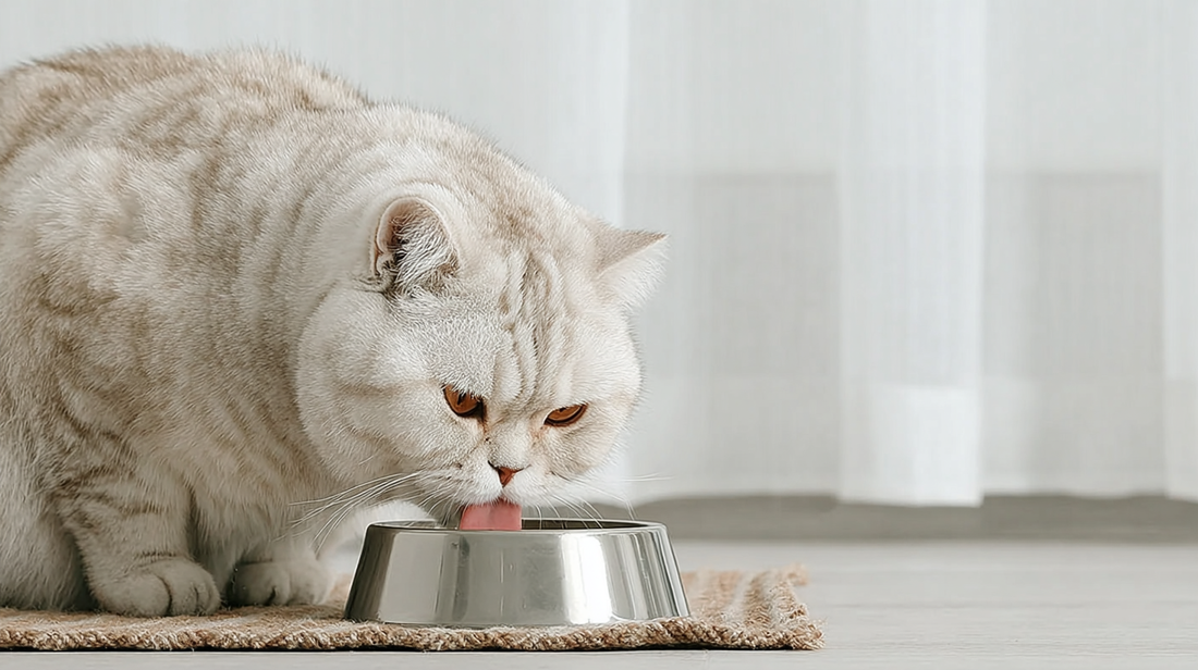 Weiße Perserkatze trinkt aus einem Edelstahlnapf auf einer gewebten Matte im Haus.