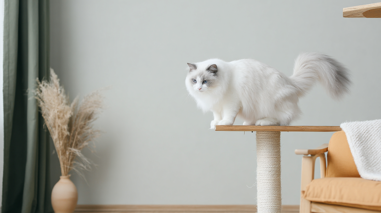 Eine weiße, langhaarige Katze sitzt auf einem Sisalkratzbaum und blickt aufmerksam in ein minimalistisches, sanft beleuchtetes Zimmer.