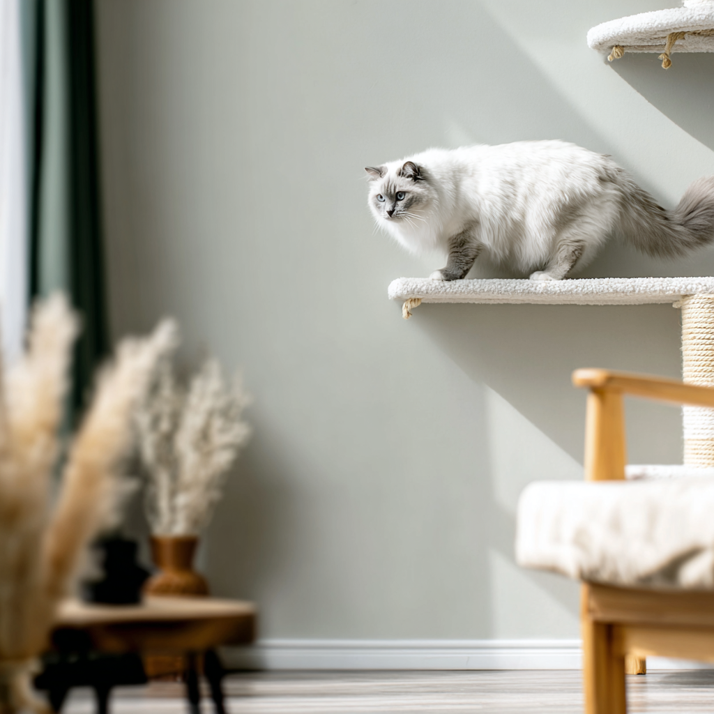 Fluffy white cat perched on a wall-mounted cat shelf in a modern, sunlit living room