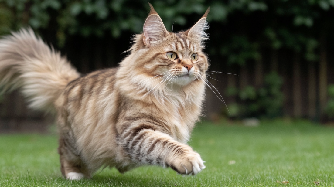 A Maine Coon cat with long fur in light brown and cream colors walking across grass. The cat has distinctive tufted ears, a bushy tail, and is mid-stride with one paw raised.