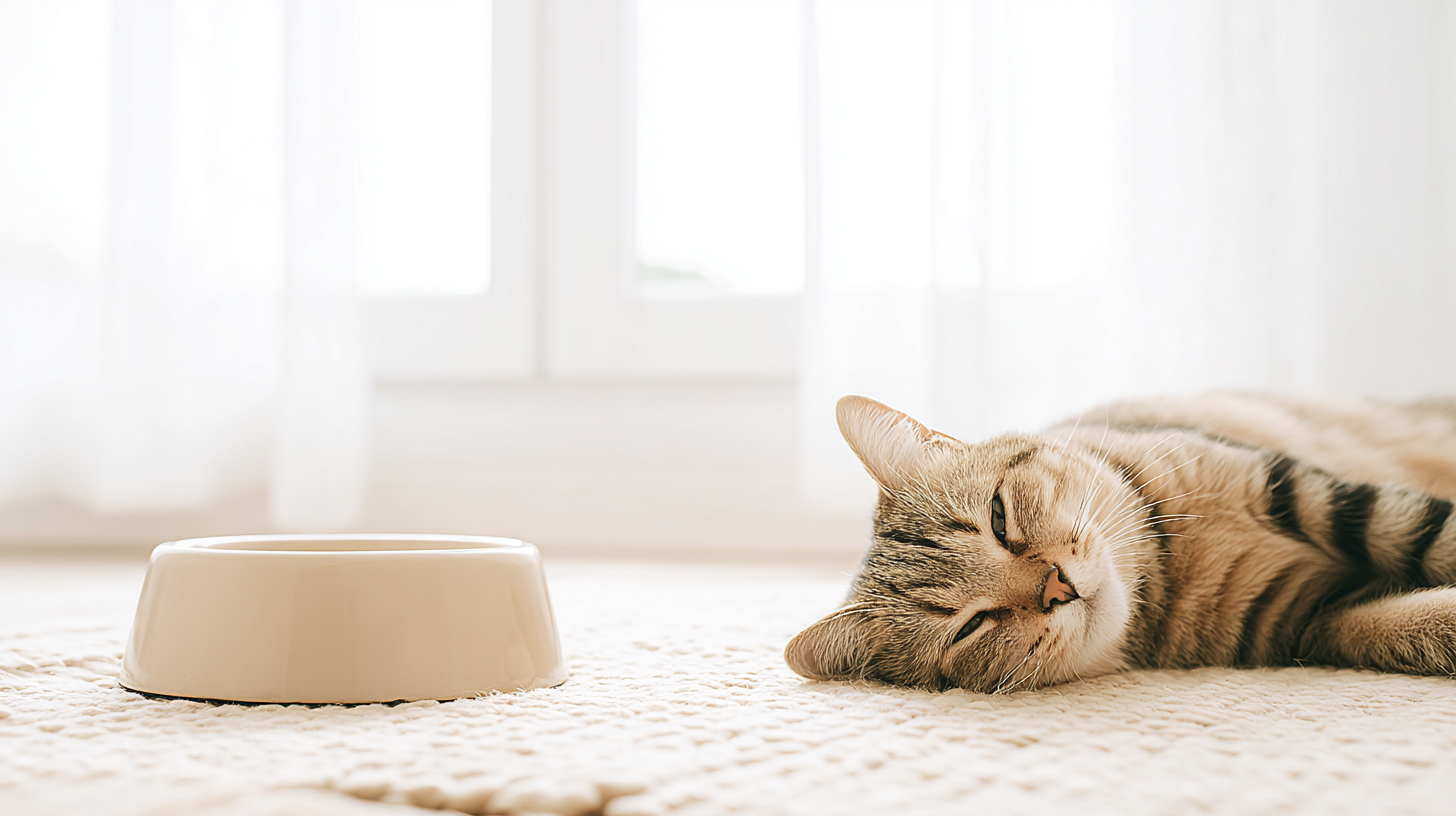 Tabby cat peacefully sleeping on a light-colored rug beside a food bowl in a bright, sunlit room.