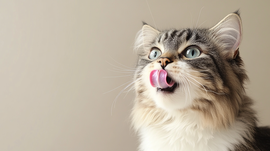 Fluffy tabby cat with blue eyes licking its nose with tongue curled up, looking curious against a neutral background.