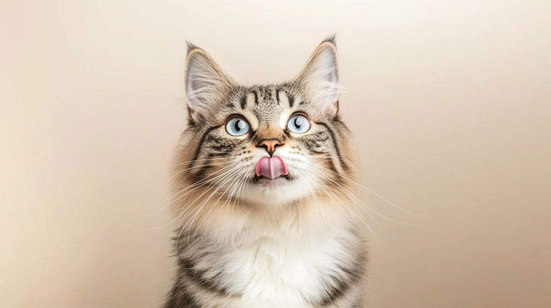 Flauschige getigerte Katze mit blauen Augen leckt Nase gegen beige Hintergrund