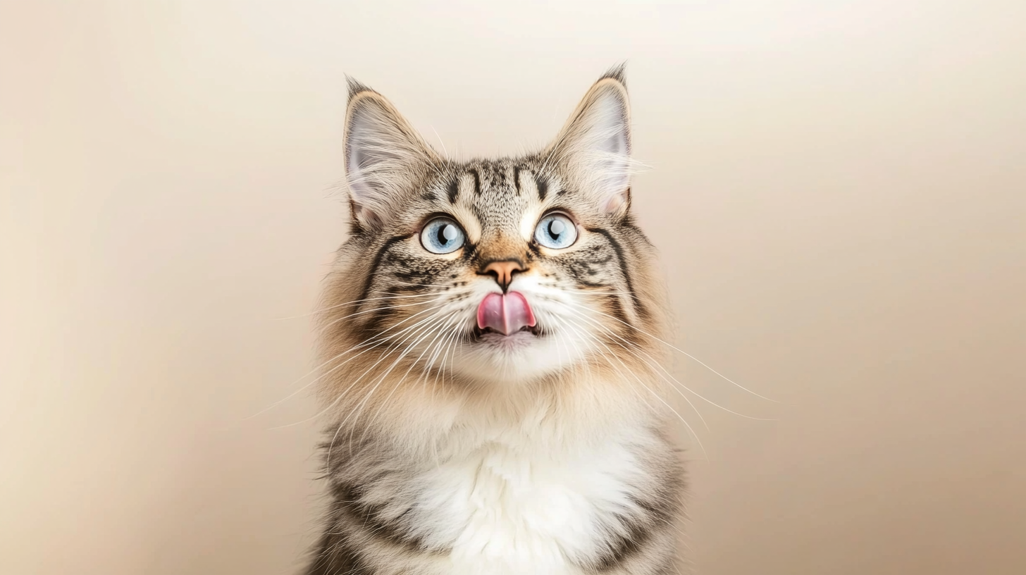 Flauschige getigerte Katze mit blauen Augen leckt Nase gegen beige Hintergrund