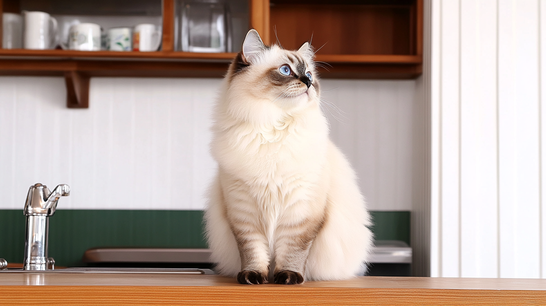 A fluffy Ragdoll or Birman cat with striking blue eyes sitting on a kitchen counter, looking off to the side with curiosity.