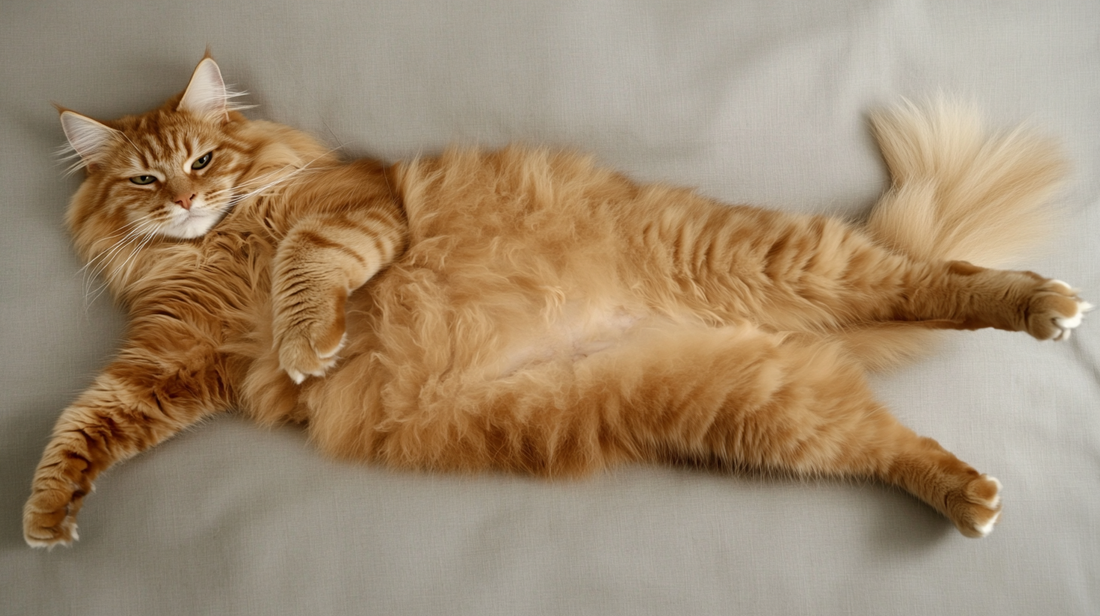 A fluffy ginger tabby cat lying on its back with a relaxed expression, paws stretched out.