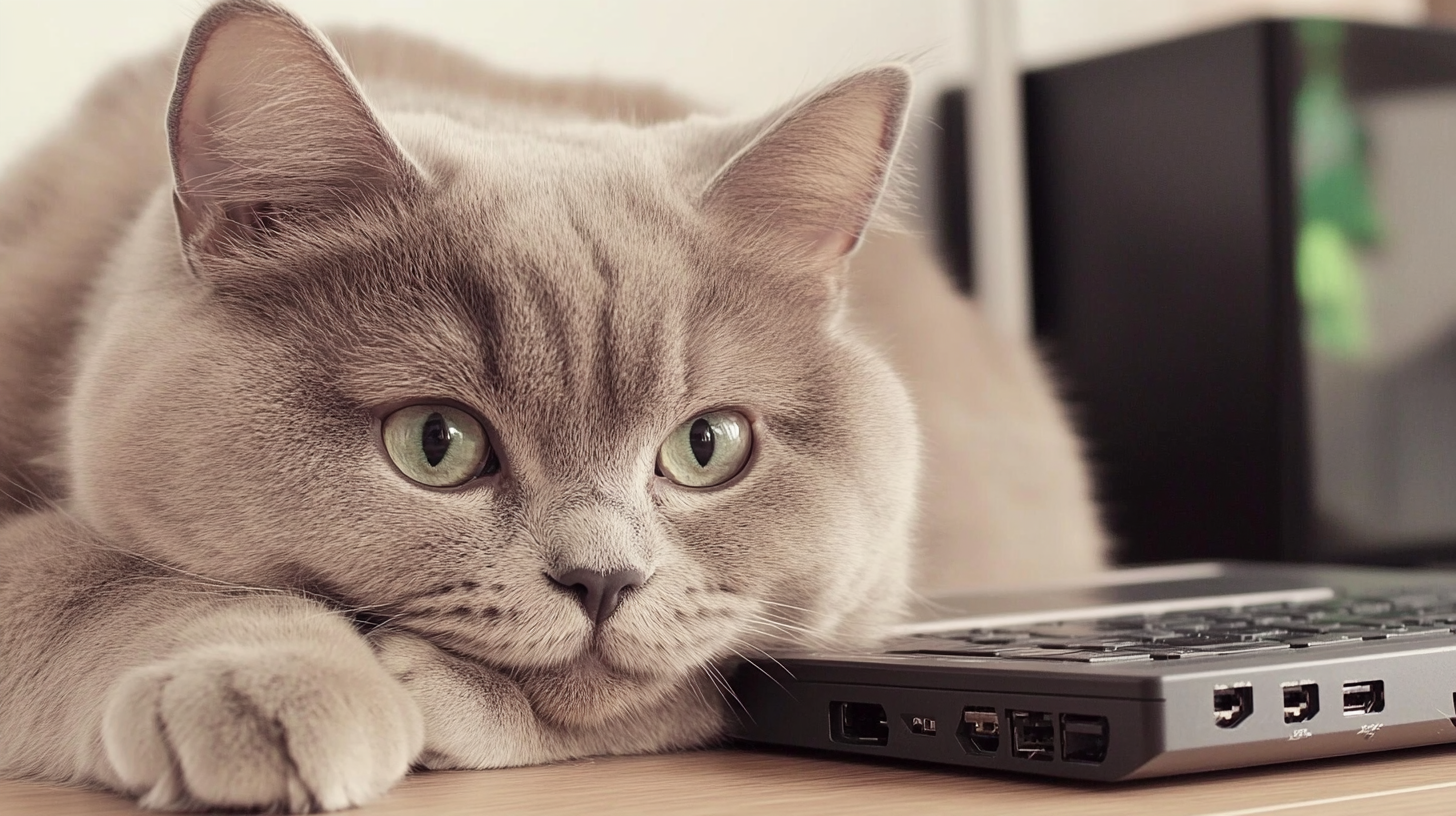 A chubby British Shorthair cat with green eyes lying beside a laptop, looking relaxed and slightly bored.