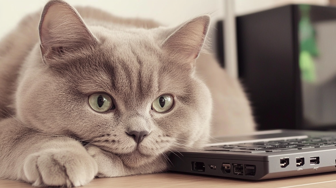 Eine pummelige Britisch-Kurzhaar-Katze mit grünen Augen liegt neben einem Laptop und sieht entspannt und leicht gelangweilt aus.