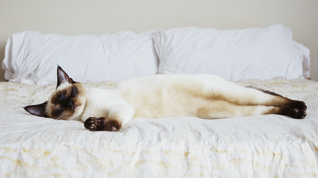 A Siamese cat sleeping peacefully on a white textured bedspread. The cat has cream-colored fur with darker brown points on its face, ears, and paws, and is lying on its side with eyes closed in deep sleep.