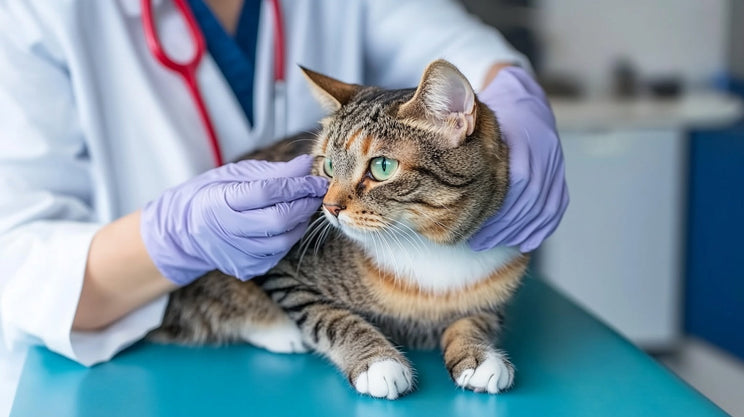 Veterinarian examining a tabby cat with gloves during a check-up on a clinic table