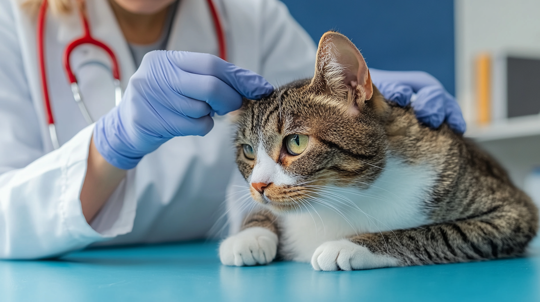 Veterinarian examining a tabby cat's ear during a check-up, wearing blue gloves.