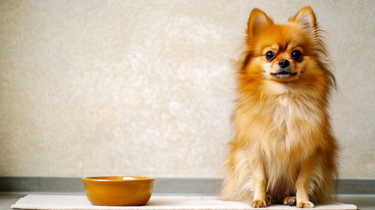 Small fluffy Pomeranian dog sitting on the floor next to a yellow food bowl, looking forward with an alert expression.