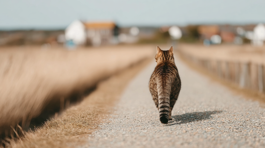 Getigerte Katze, die an einem sonnigen Tag allein über einen ländlichen Kiesweg in Richtung entfernter Häuser läuft.