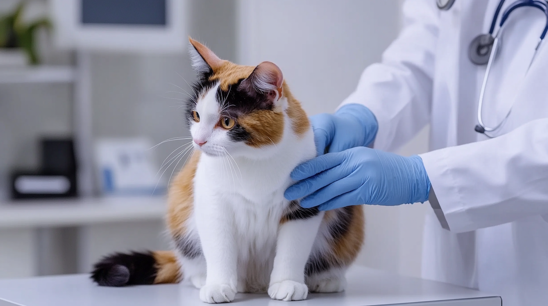 Calico cat being examined by a veterinarian wearing blue gloves in a clinic.