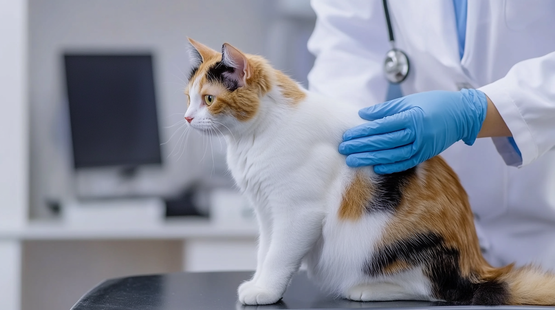 Getigerte Katze auf dem Untersuchungstisch, die von einem Tierarzt mit blauen Handschuhen untersucht wird.