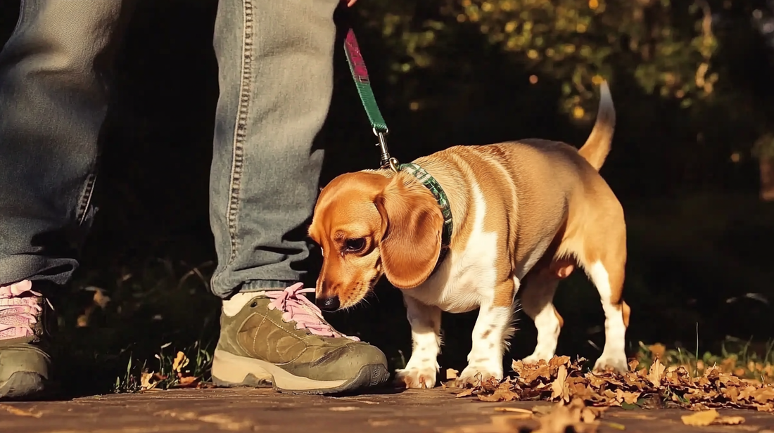 Beagle an der Leine schnüffelt am Wanderschuh, Herbstblätter auf dem Boden.