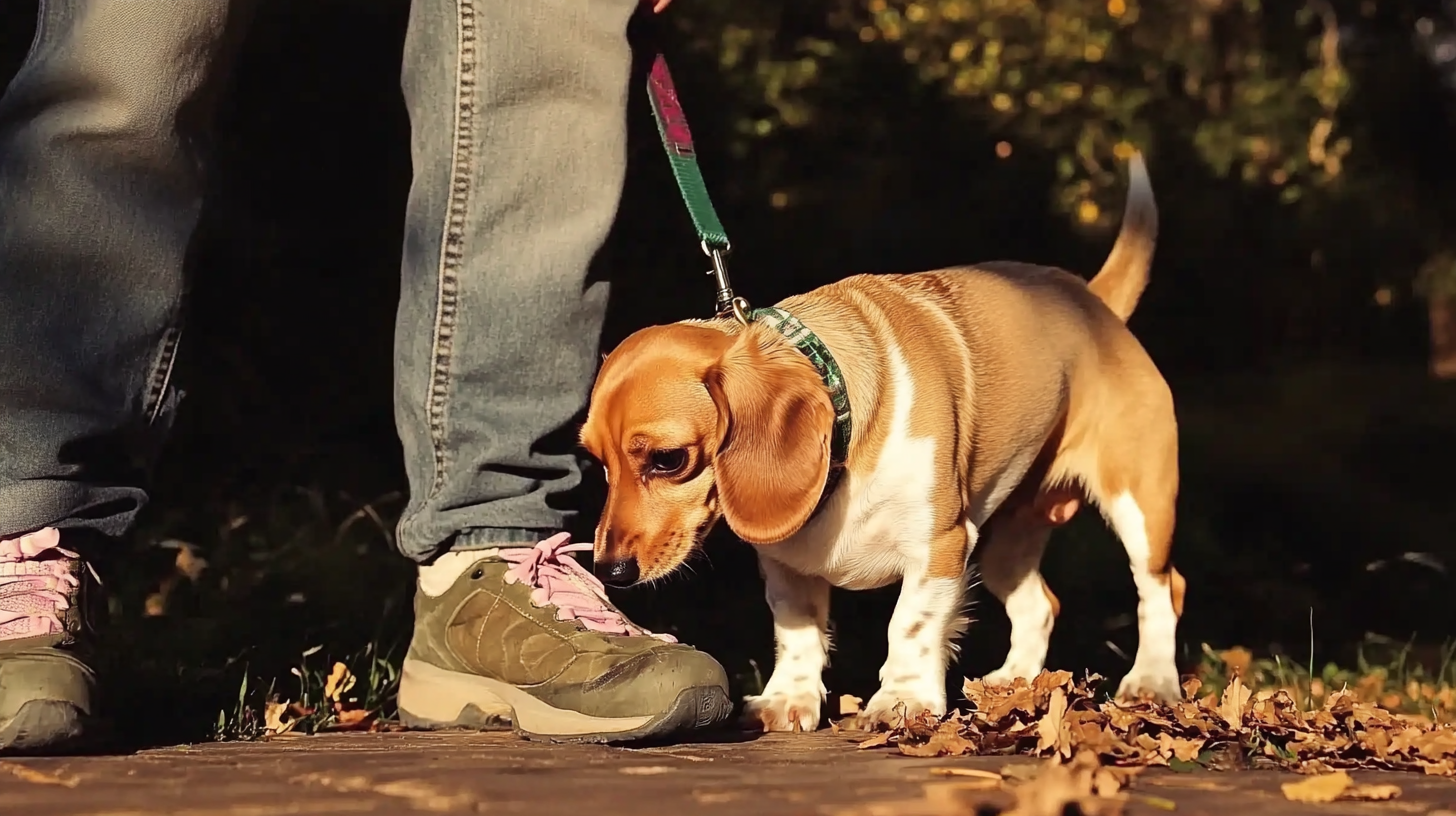 Beagle en laisse reniflant une chaussure de randonnée, feuilles d'automne au sol.