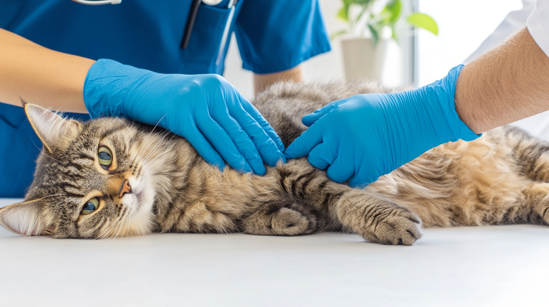 Veterinarian in blue gloves examining a tabby cat's abdomen on a clinic table.