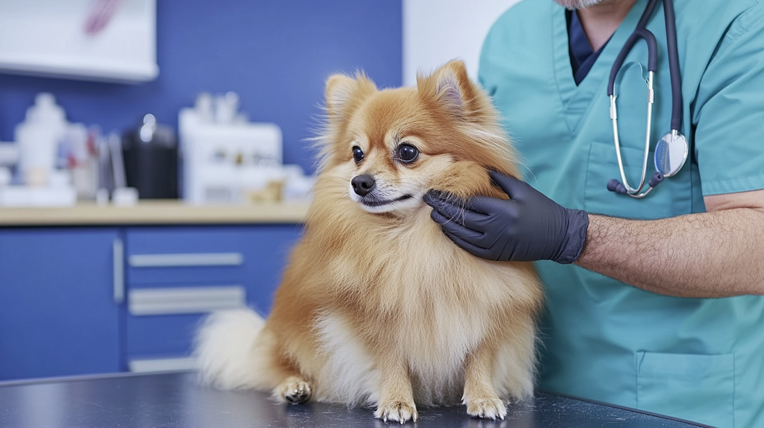 Tierarzt, der einen kleinen Hund auf einem Kliniktisch untersucht, was aufmerksame Pflege und klinisches Fachwissen verdeutlicht