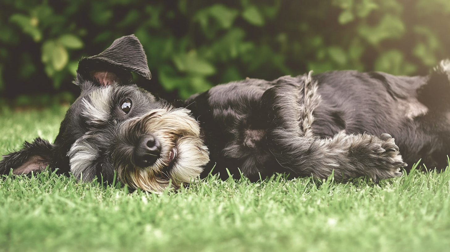 Ein glücklicher Schnauzer, der auf der Seite im saftigen grünen Gras liegt, entspannt und verspielt aussieht und einen fröhlichen Ausdruck hat.