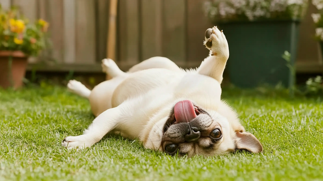 Ein verspielter Mops, der mit herausgestreckter Zunge auf dem Rücken im grünen Gras liegt und glücklich und entspannt in einer Gartenlandschaft aussieht