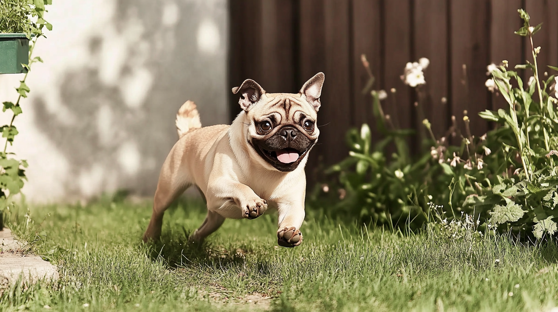 Glücklicher Mops läuft auf grünem Gras in einem sonnigen Hinterhof mit einem Holzzaun und Pflanzen im Hintergrund.