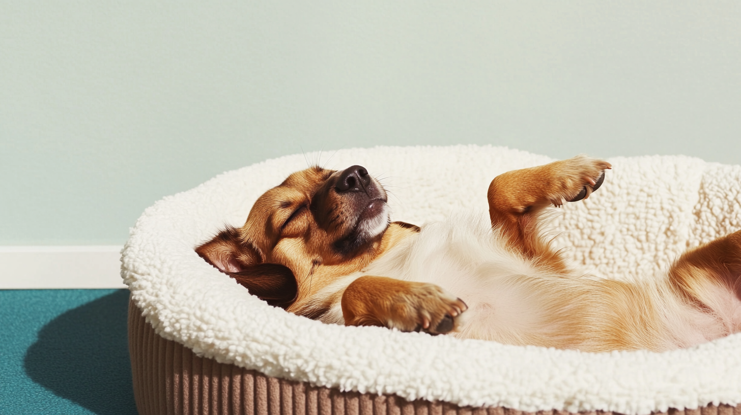 Un petit chien brun dormant sur le dos dans un lit douillet doublé de molleton, se prélassant au soleil avec une expression détendue.