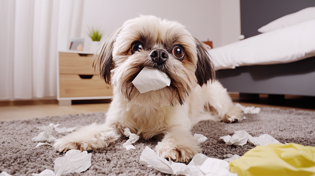 Kleiner ängstlicher Hund, der in einem unordentlichen Zimmer Papier auf dem Teppich kaut und Anzeichen von Stress und destruktivem Verhalten zeigt