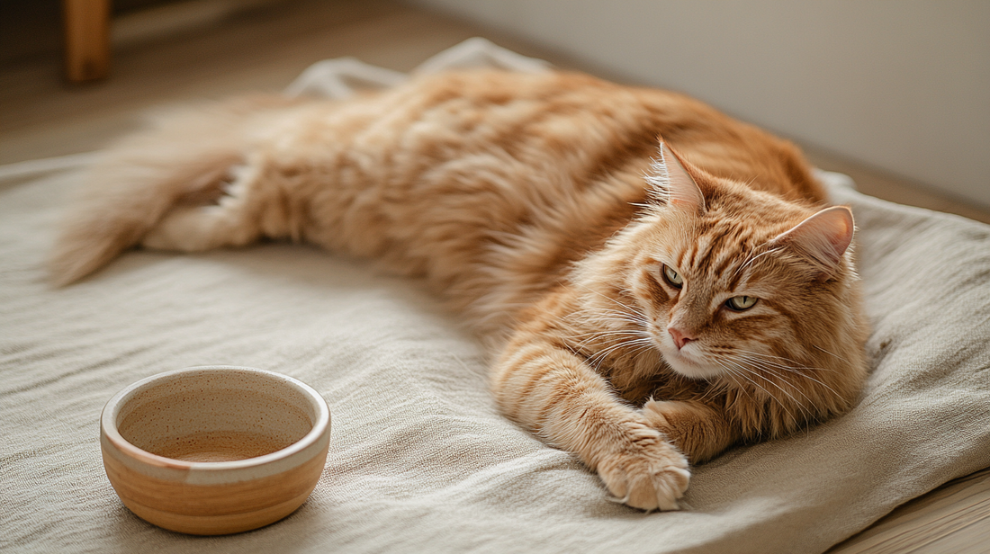 A ginger tabby cat lying on a beige blanket next to an empty ceramic bowl, looking relaxed and calm.