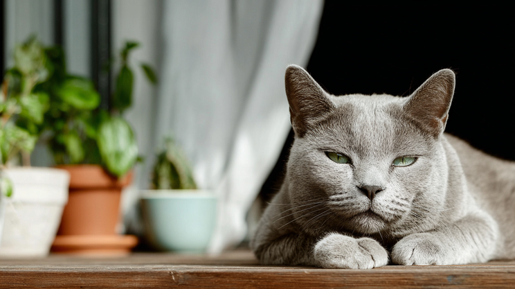 Chat gris se reposant avec une expression calme sur une surface en bois près de plantes en pot et de rideaux blancs