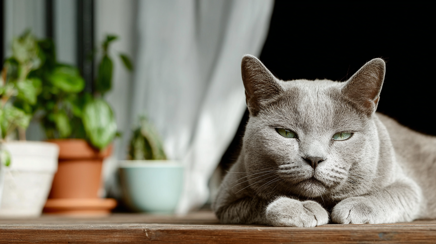 Graue Katze, die mit einem ruhigen Ausdruck auf einer hölzernen Oberfläche in der Nähe von Topfpflanzen und weißen Vorhängen ruht