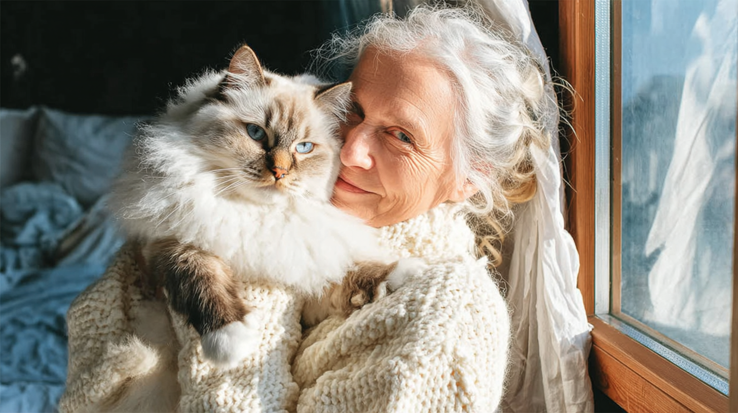 Femme âgée en pull douillet serrant dans ses bras un chat Ragdoll duveteux sous un soleil radieux.
